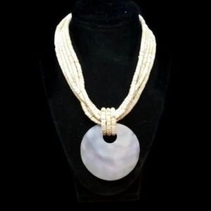 Bib Necklace Ivory Shell Type Disk Pendant 14"